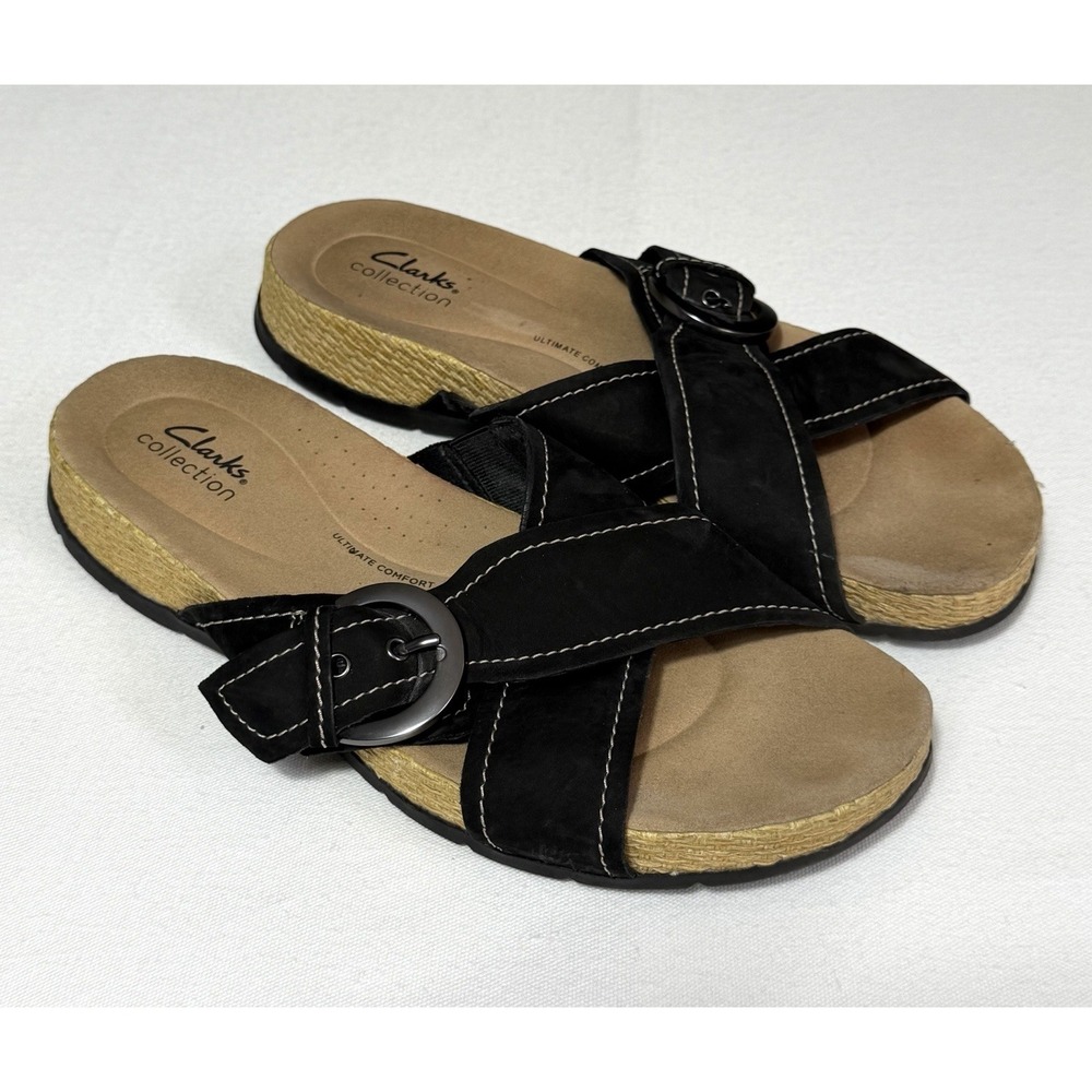 Clarks Collection Releigh May Black Nubuck Slide Sandals Womens Size 10 Comfort